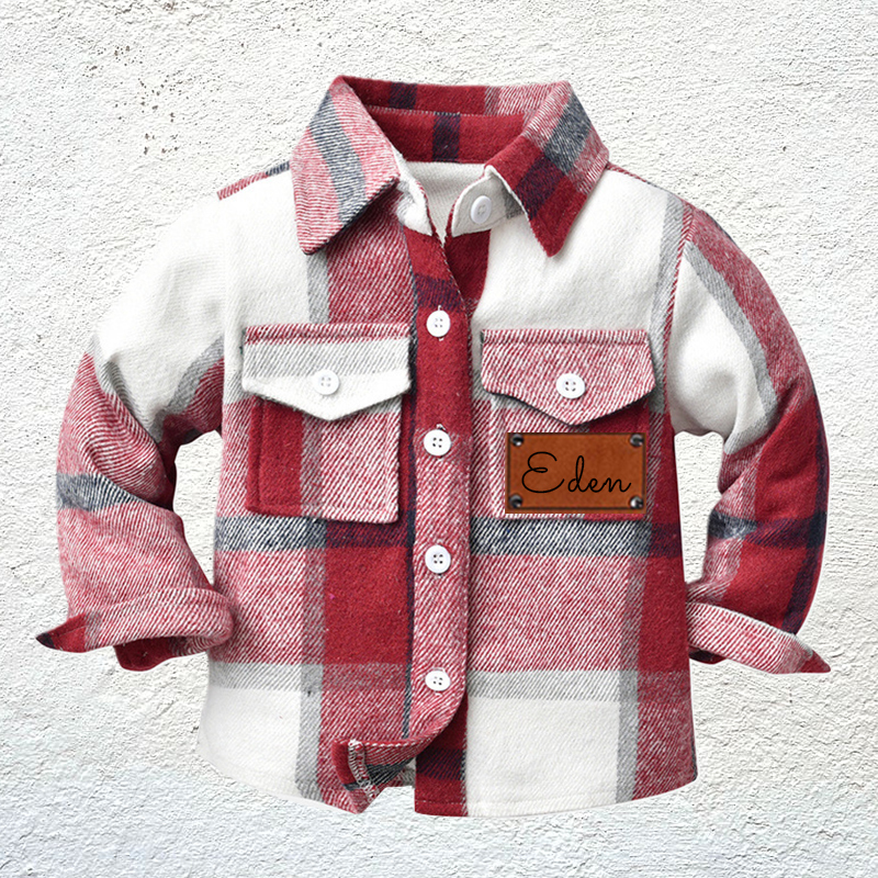 Custom Name Jacket Personalized Leather Patch Kids Flannel Jacket for Children