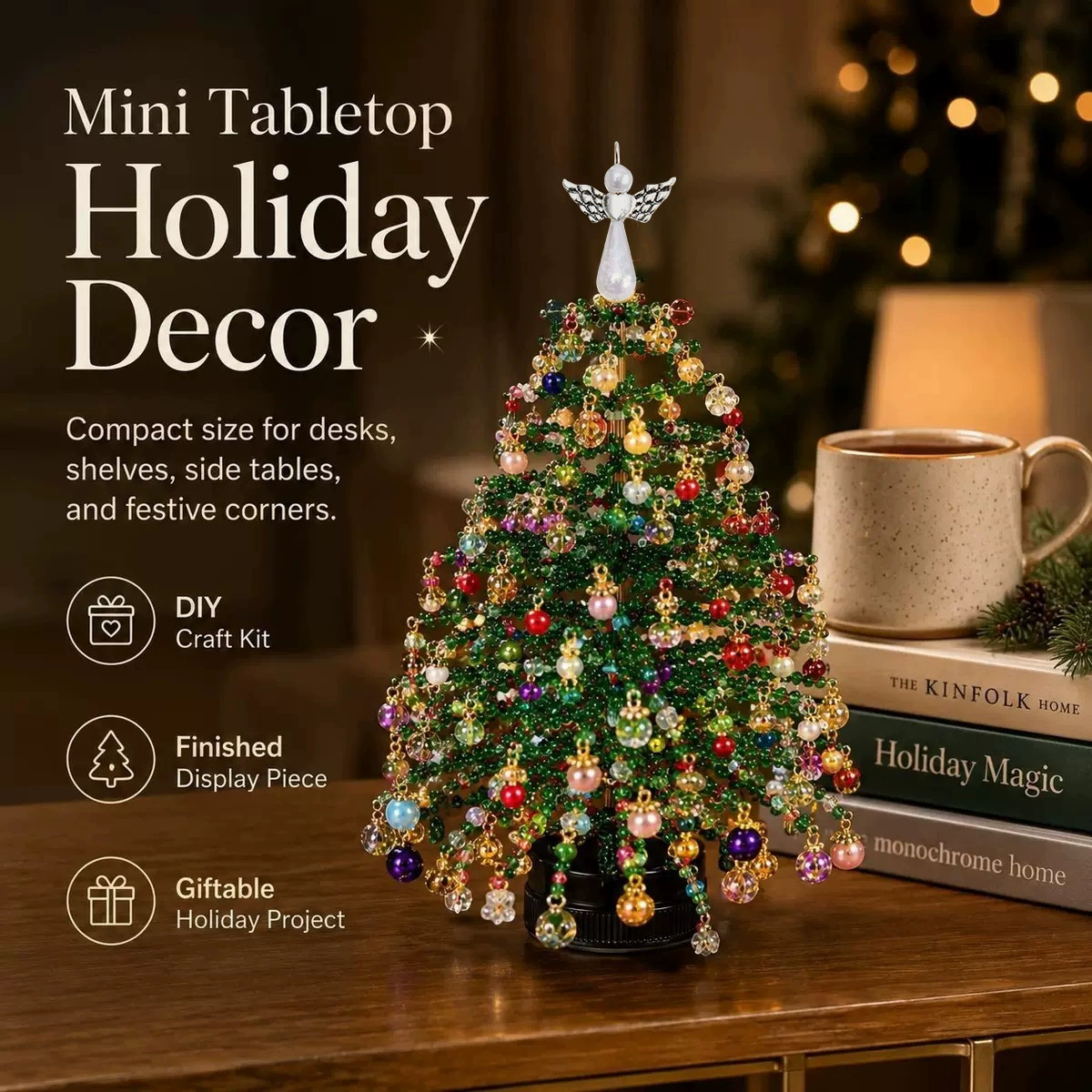 Beaded Mini Christmas Tree Kit – Handmade Tabletop Holiday Decor with Angel Topper