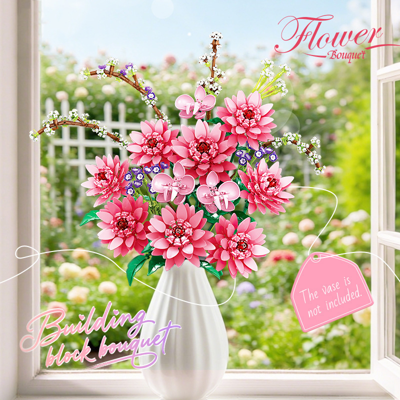Flower Bouquet Building Set For Home Decor Willow Orchid Consolida Ajacis And Dahlia For Her