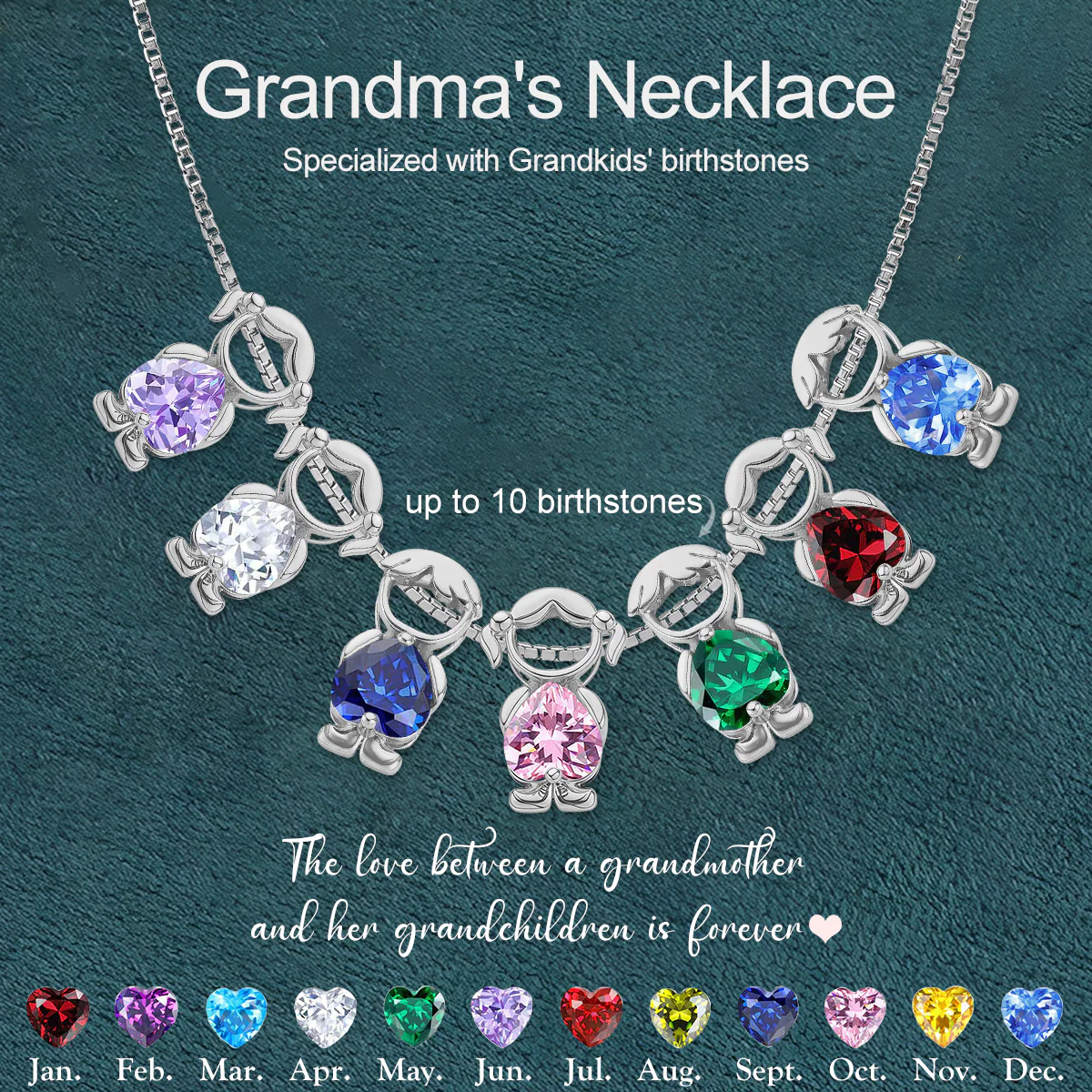 Personalized Kids Heart Birthstone Necklace, Gift For Mom Grandma