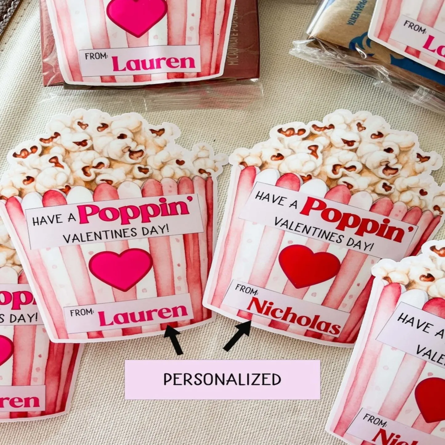 Custom Name Labels for Kids, Personalized Valentine’s Day Popcorn Stickers, Boys and Girls, Perfect Classroom Gifts