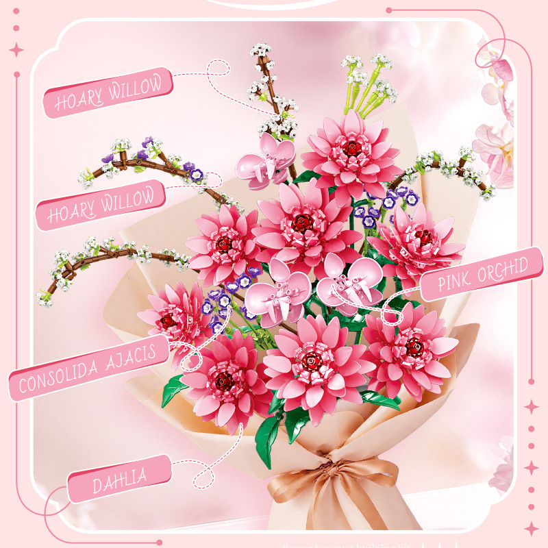 Flower Bouquet Building Set For Home Decor Willow Orchid Consolida Ajacis And Dahlia For Her