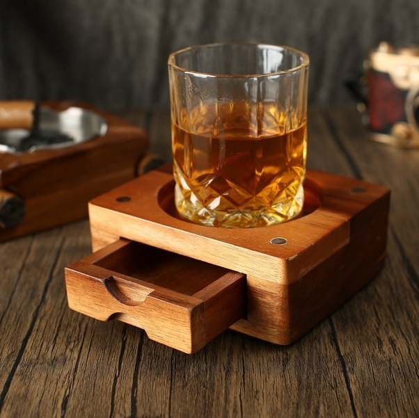 Personalized Whiskey & Cigar Tray Glass Holder Ashtray Whiskey, 2 in 1 Wooden Cigar Ashtray With Whiskey Glass Holder, Great Gifts for Men