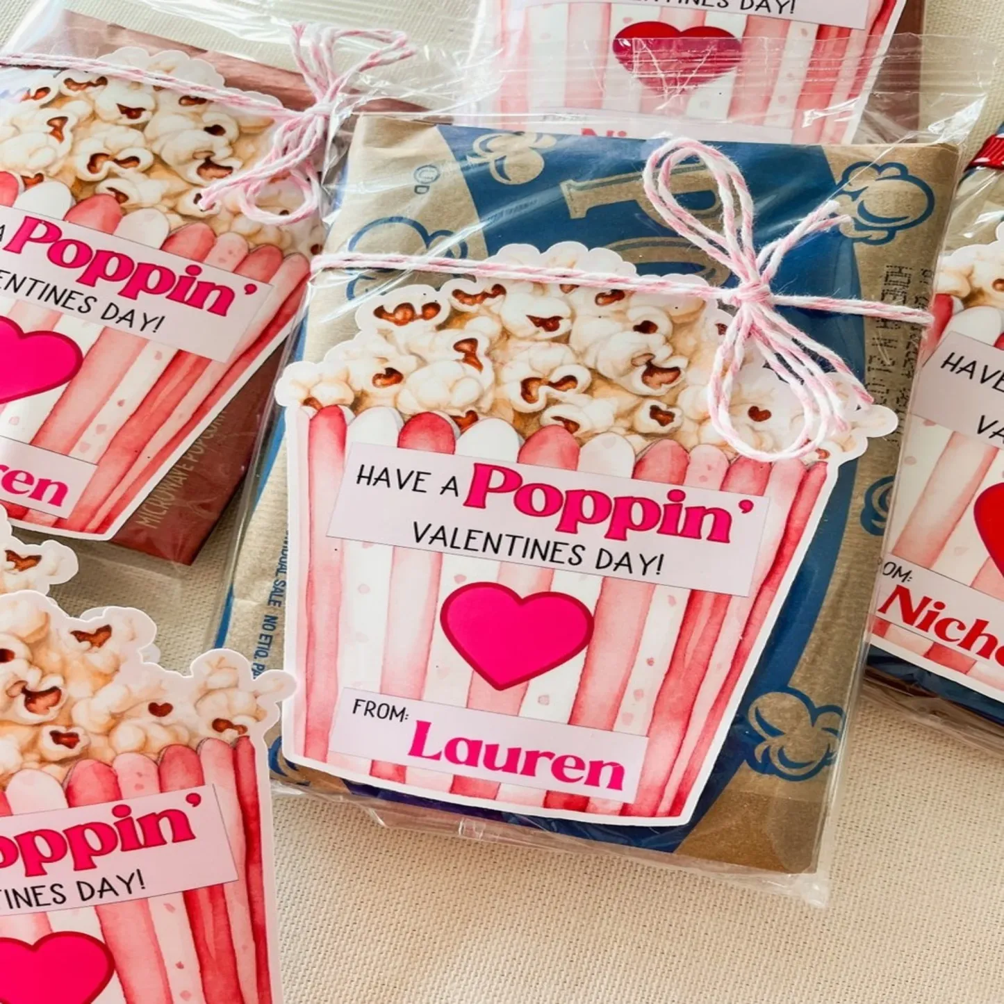 Custom Name Labels for Kids, Personalized Valentine’s Day Popcorn Stickers, Boys and Girls, Perfect Classroom Gifts