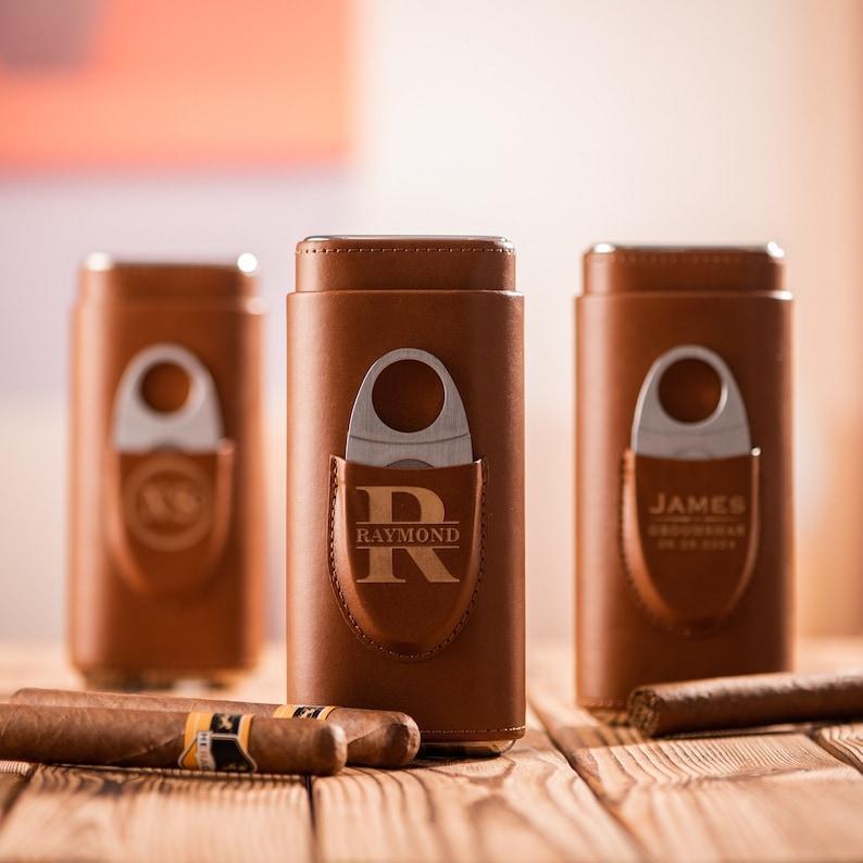 Personalized Cigar Case, Leather Cigar Holder with Cutter, Cigar Travel Case, Groomsmen Gifts, Gift for Dad Husband Gift for Him - GiftlabUS
