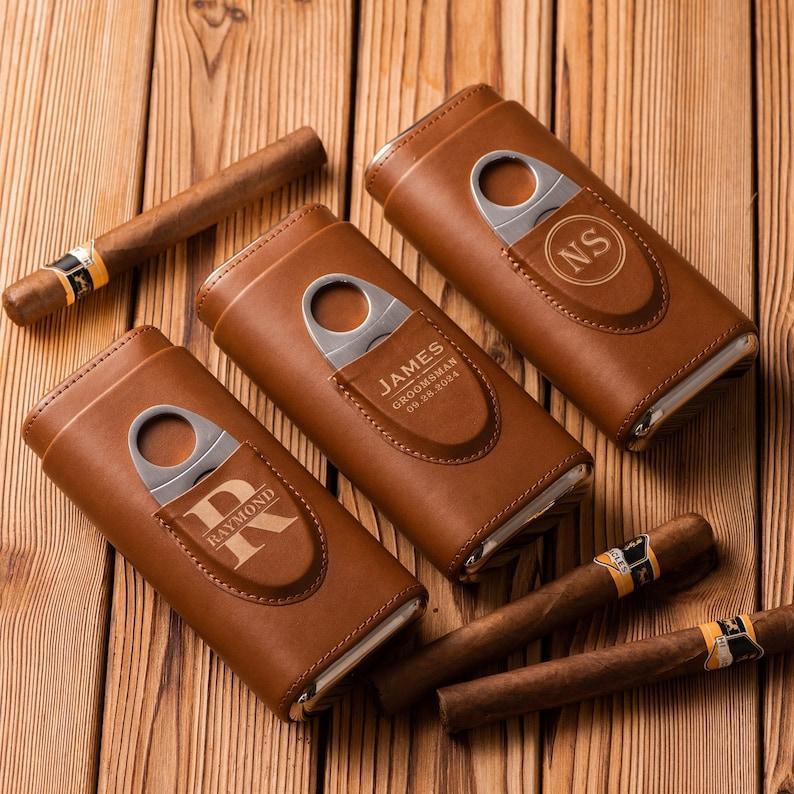 Personalized Cigar Case, Leather Cigar Holder with Cutter, Cigar Travel Case, Groomsmen Gifts, Gift for Dad Husband Gift for Him - GiftlabUS