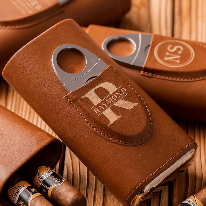 Personalized Cigar Case, Leather Cigar Holder with Cutter, Cigar Travel Case, Groomsmen Gifts, Gift for Dad Husband Gift for Him - GiftlabUS