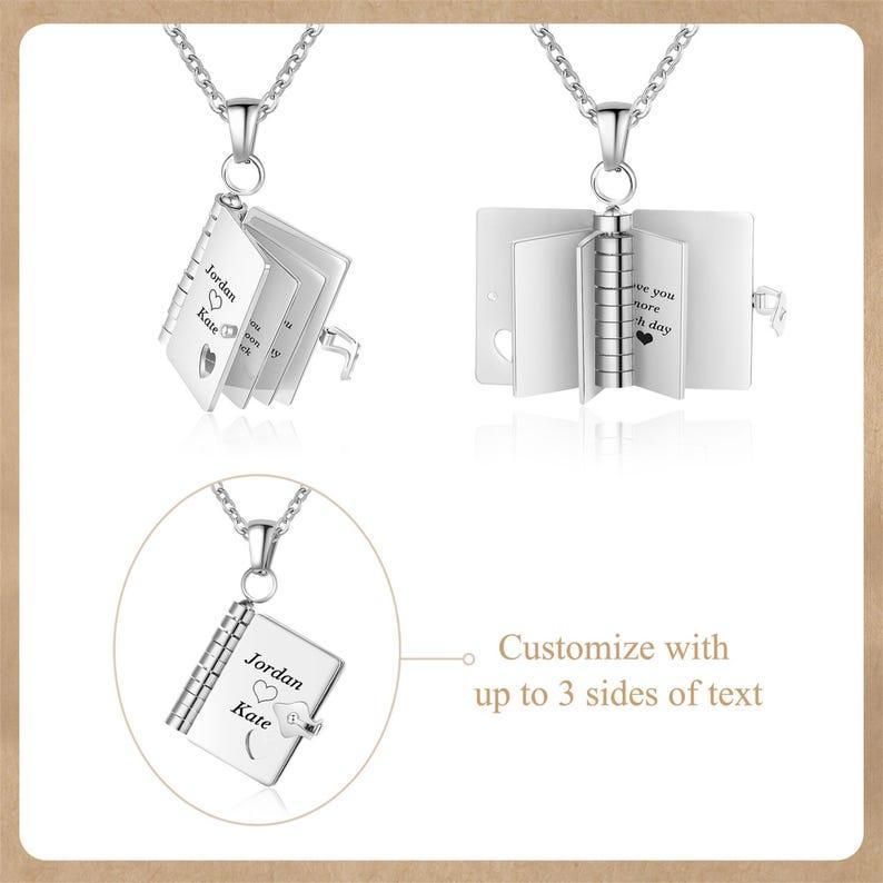 Personalised Book Necklace, Book Locket Necklace Engraved Name and Messages, Memory Necklace for Her, Bridesmaid Gift, Book Lover Gifts
