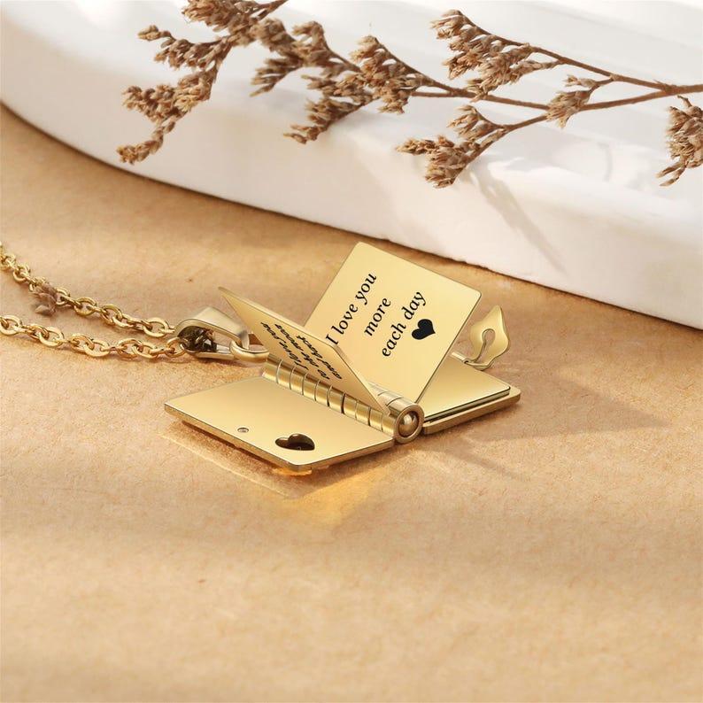 Personalised Book Necklace, Book Locket Necklace Engraved Name and Messages, Memory Necklace for Her, Bridesmaid Gift, Book Lover Gifts