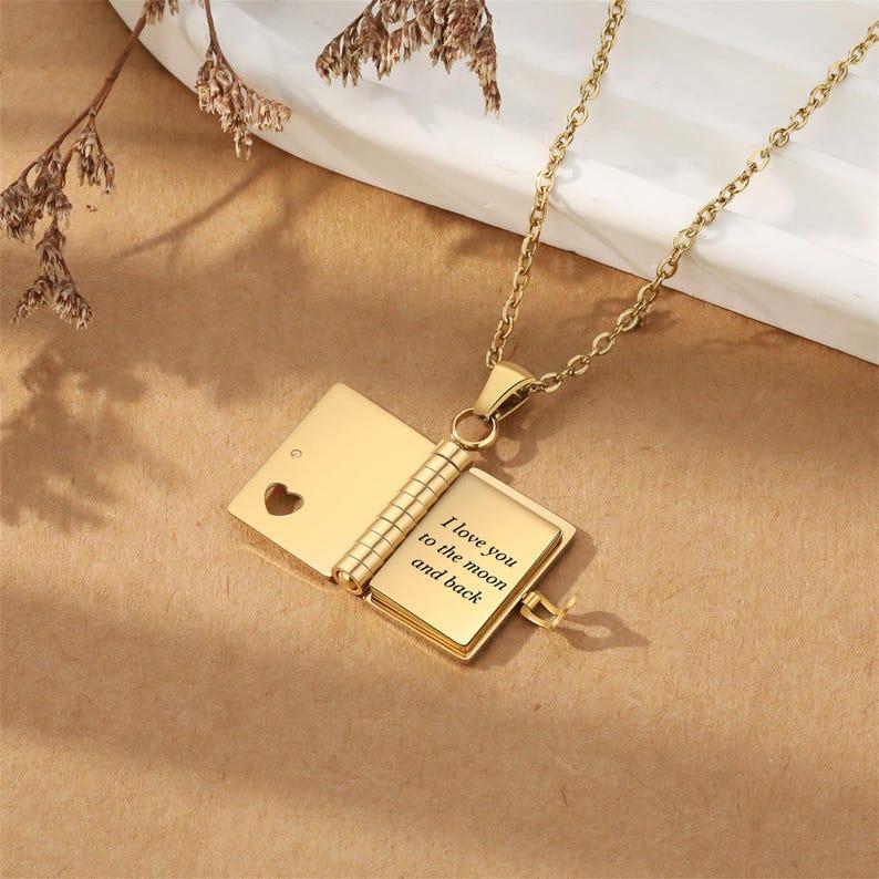 Personalised Book Necklace, Book Locket Necklace Engraved Name and Messages, Memory Necklace for Her, Bridesmaid Gift, Book Lover Gifts