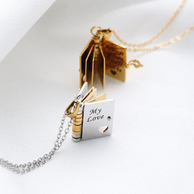 My Love Book Necklace – Romantic Locket Pendant with Love Messages Inside, Adjustable Chain Jewelry Gift for Her, Valentine’s or Birthday