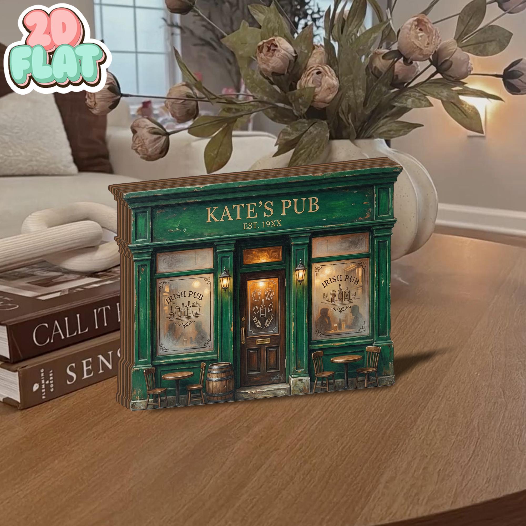 Personalized Irish Pub 2D FLAT Wooden Block Decor, Custom Pub Name Shelf Sign, Green Bar Book Nook Style, Irish Home Decor Gift