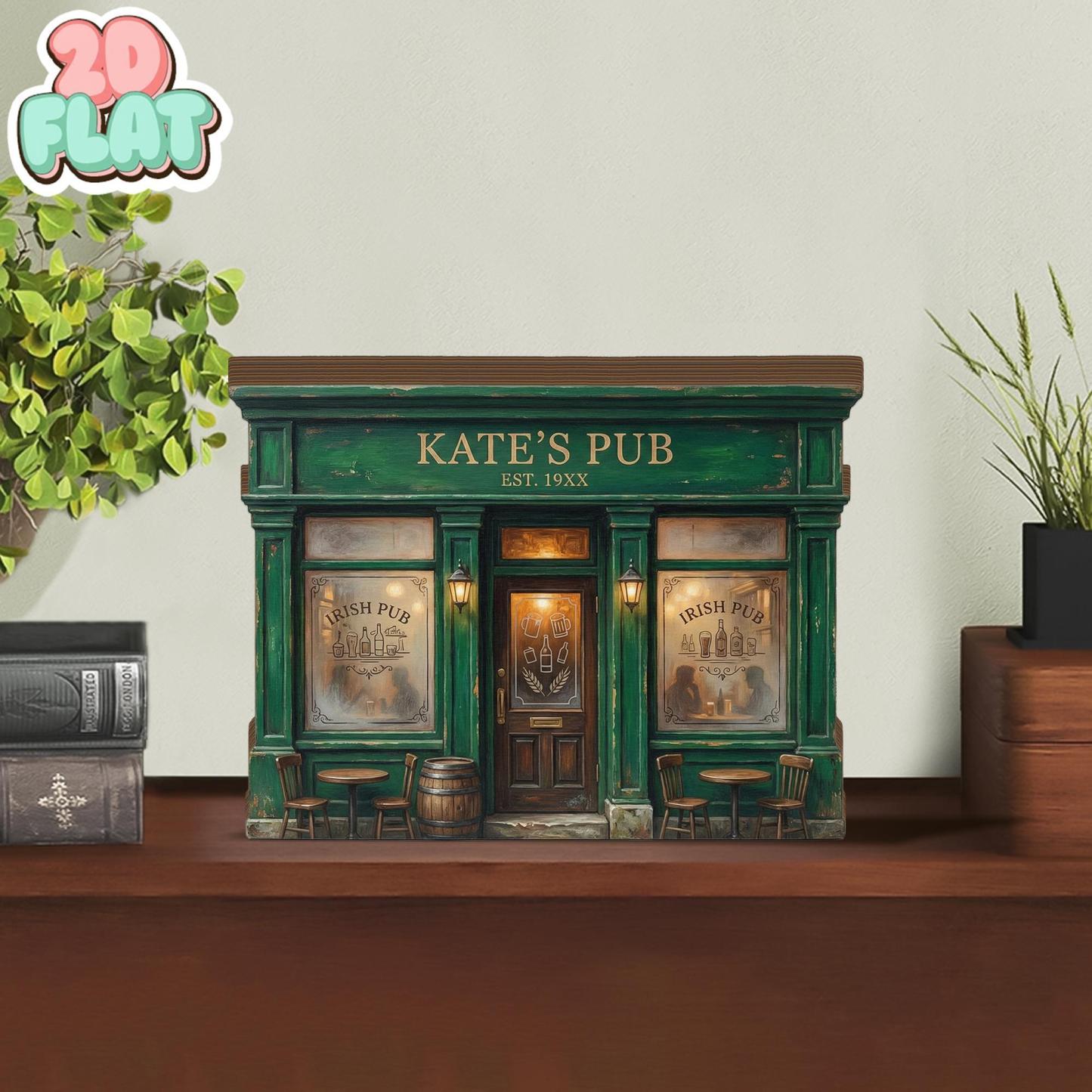 Personalized Irish Pub 2D FLAT Wooden Block Decor, Custom Pub Name Shelf Sign, Green Bar Book Nook Style, Irish Home Decor Gift