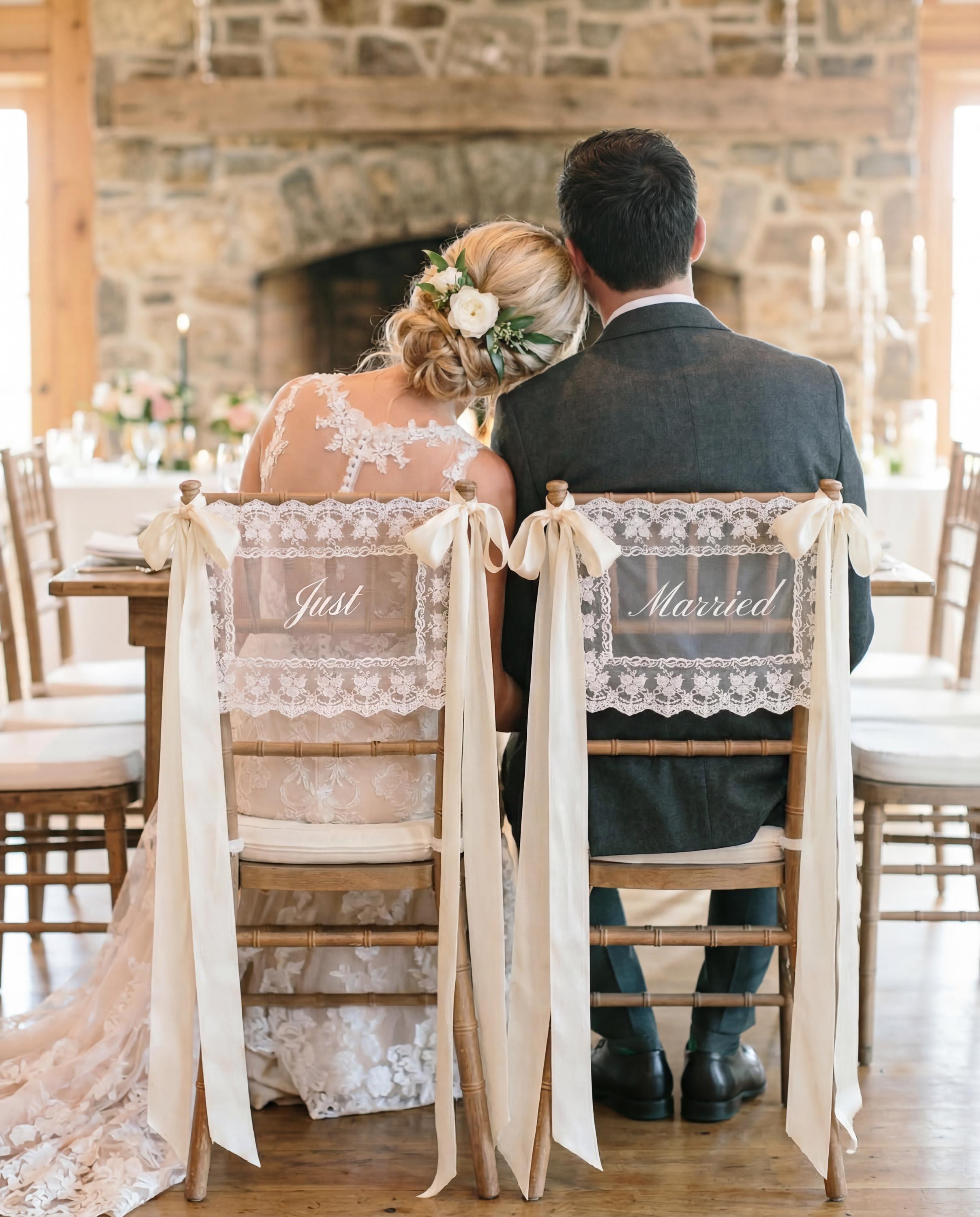Personalized Lace Just Married Bride and Groom Chair Sign Sheer Lace Signs Wedding Chair Decoration Banners