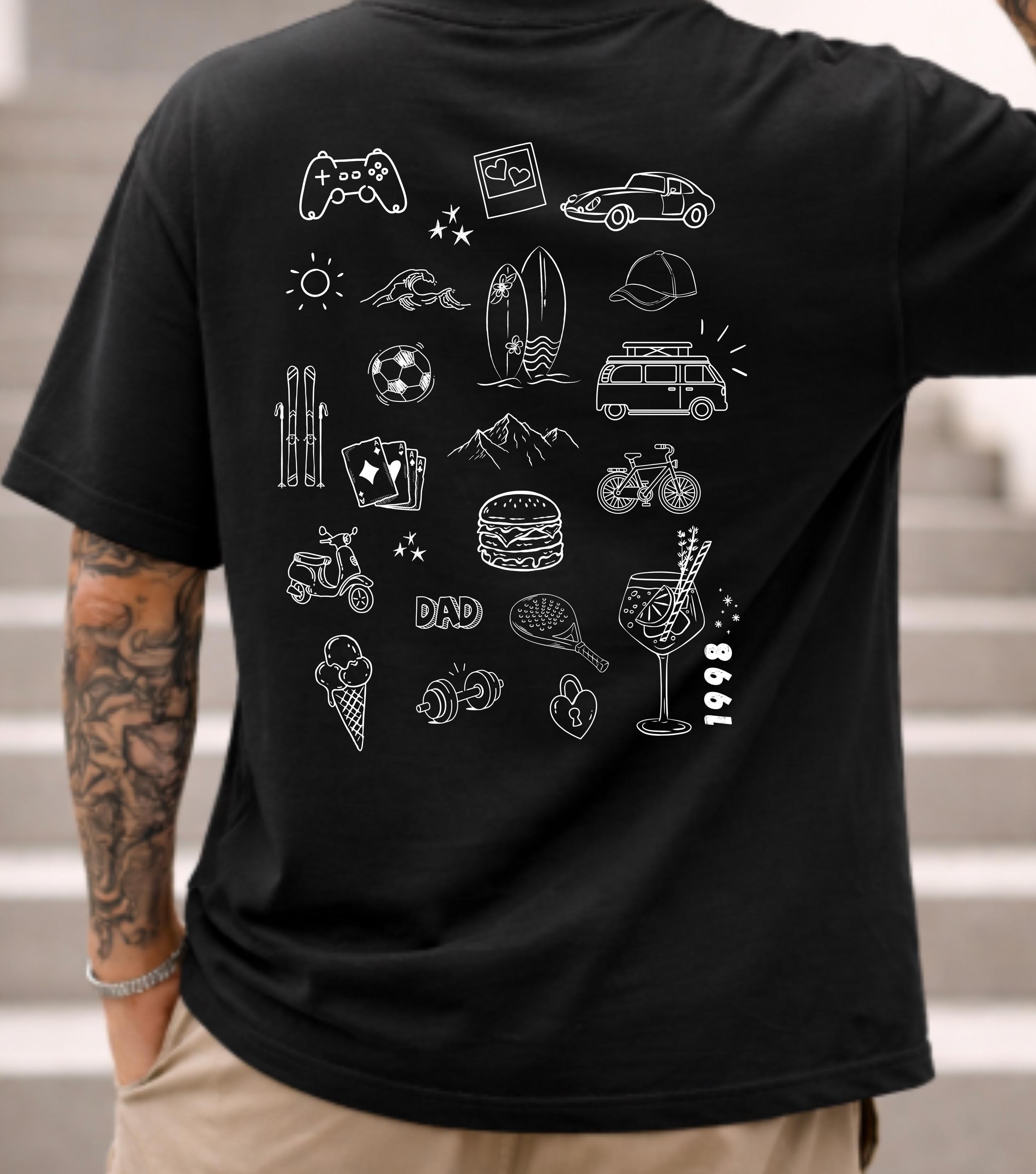 Personalized doodle shirt for dad or boyfriend – Unique gift with hobbies & icons – Birthday gift for men – Custom T-shirt