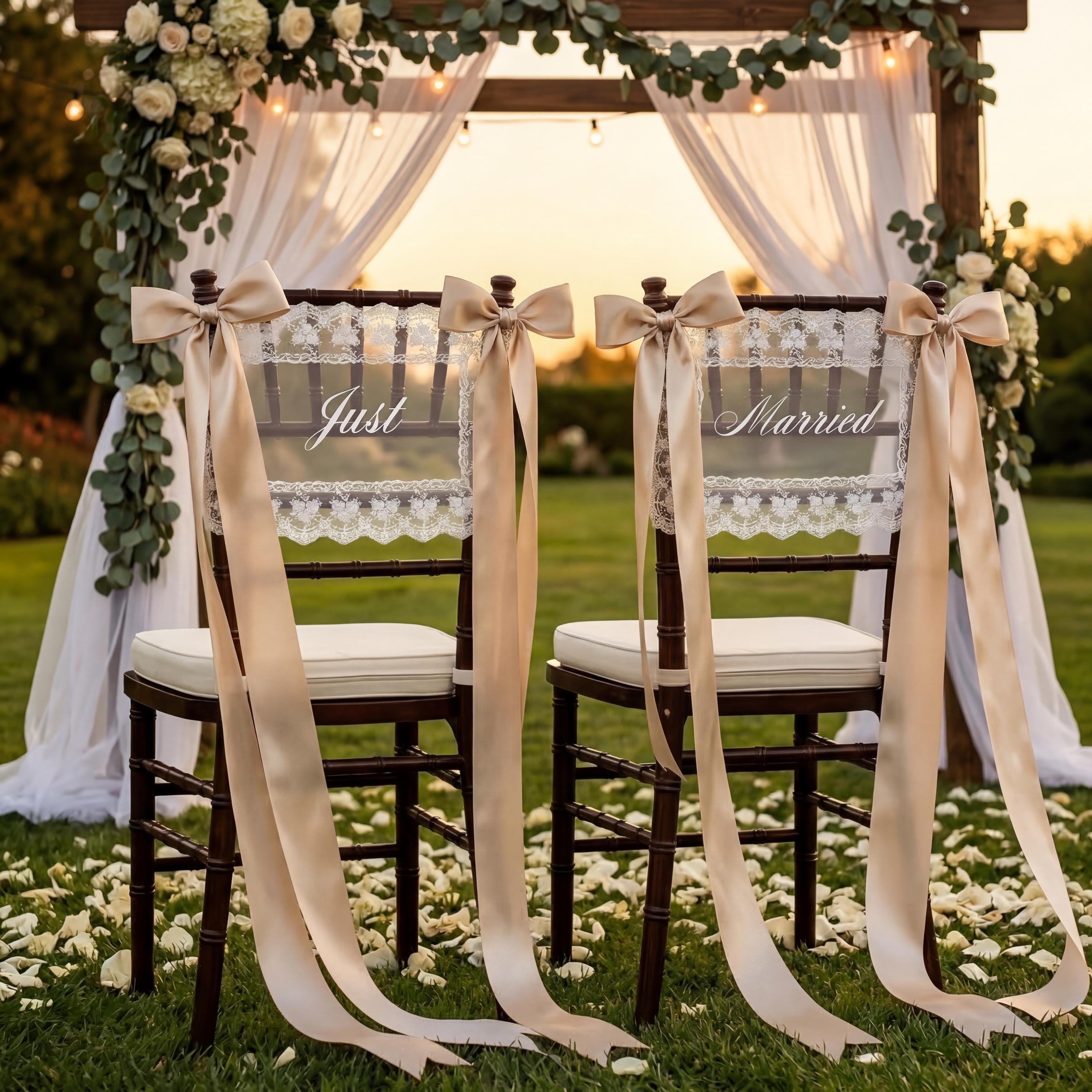 Personalized Lace Just Married Bride and Groom Chair Sign Sheer Lace Signs Wedding Chair Decoration Banners