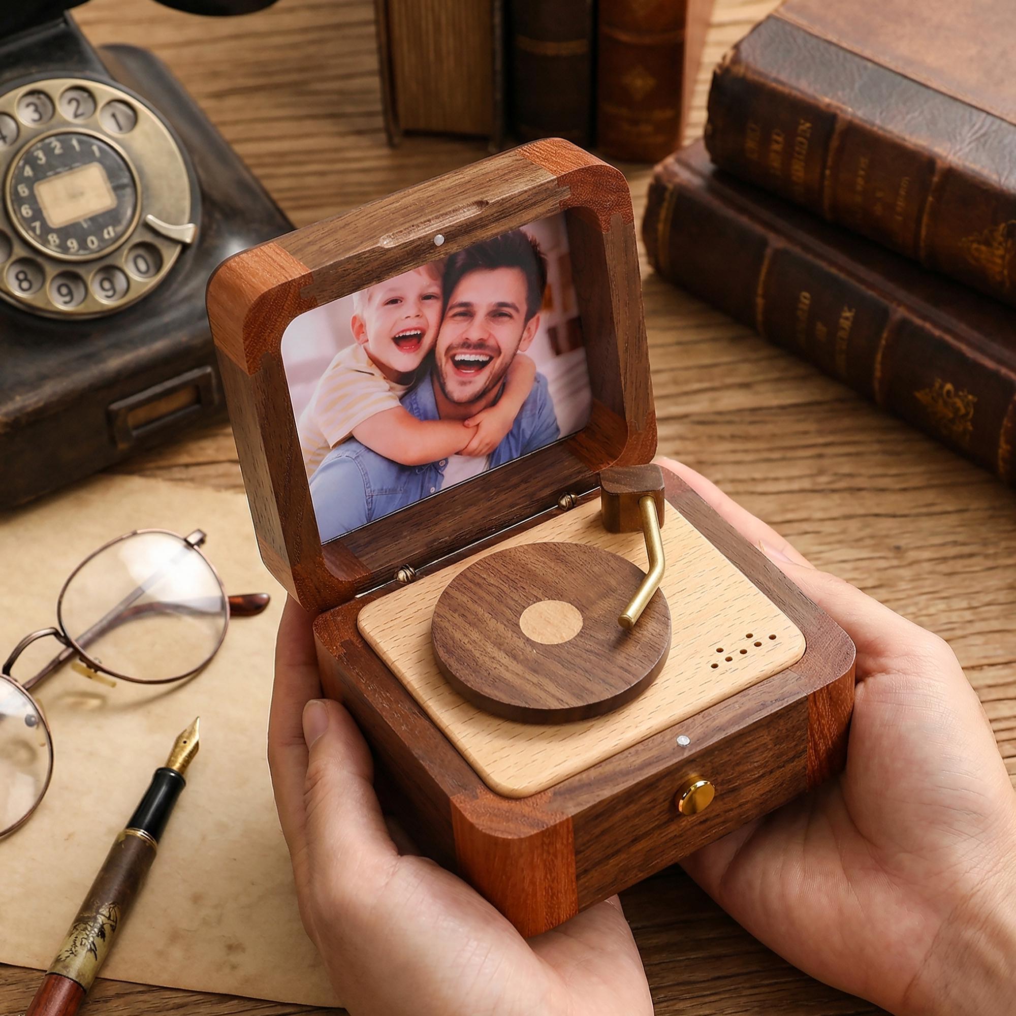 Fathers Day Gift Custom Wooden Music Box,  Personalized Photo Record Player Keepsake, Vintage Memory Box Unique Gift,Gift for Him