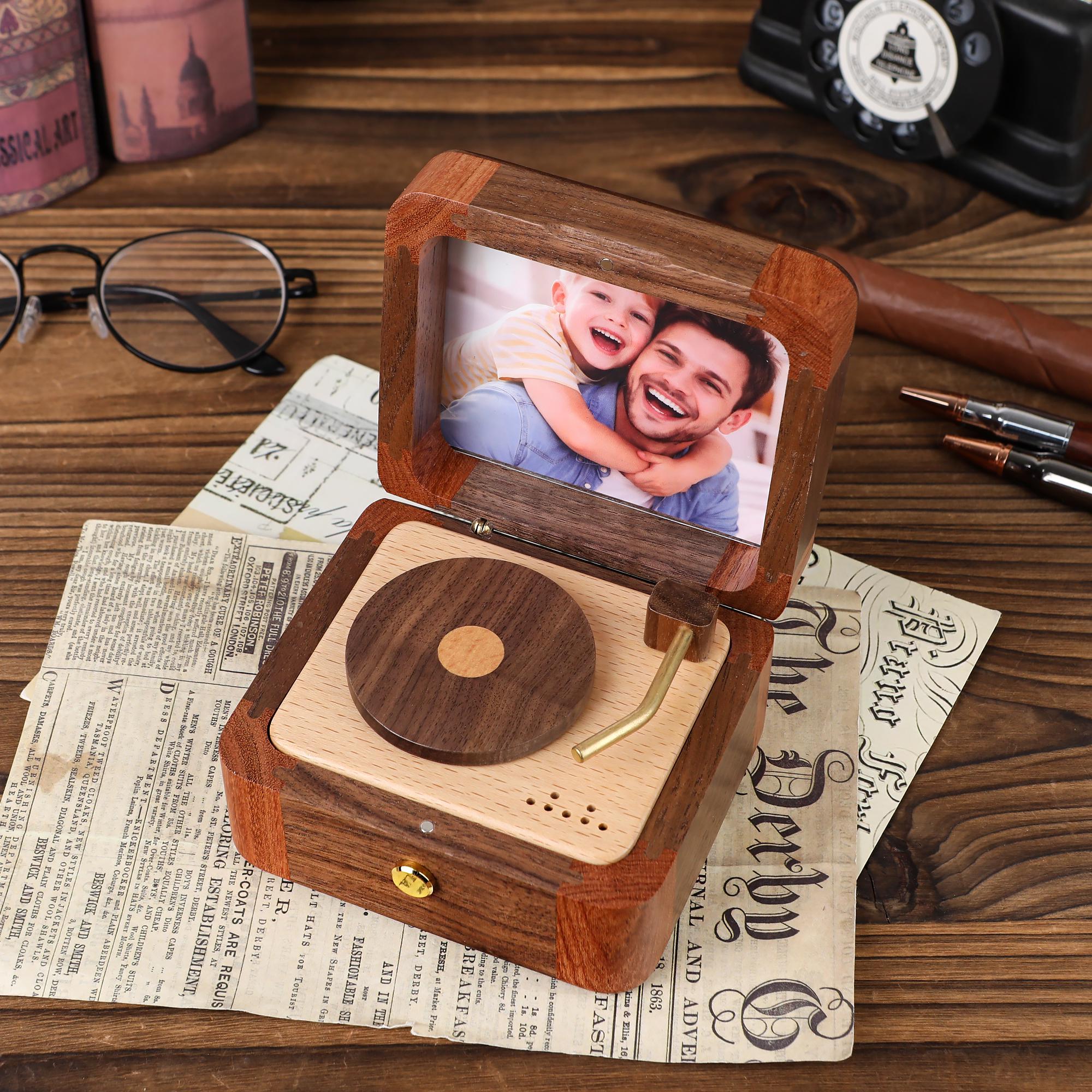 Fathers Day Gift Custom Wooden Music Box,  Personalized Photo Record Player Keepsake, Vintage Memory Box Unique Gift,Gift for Him