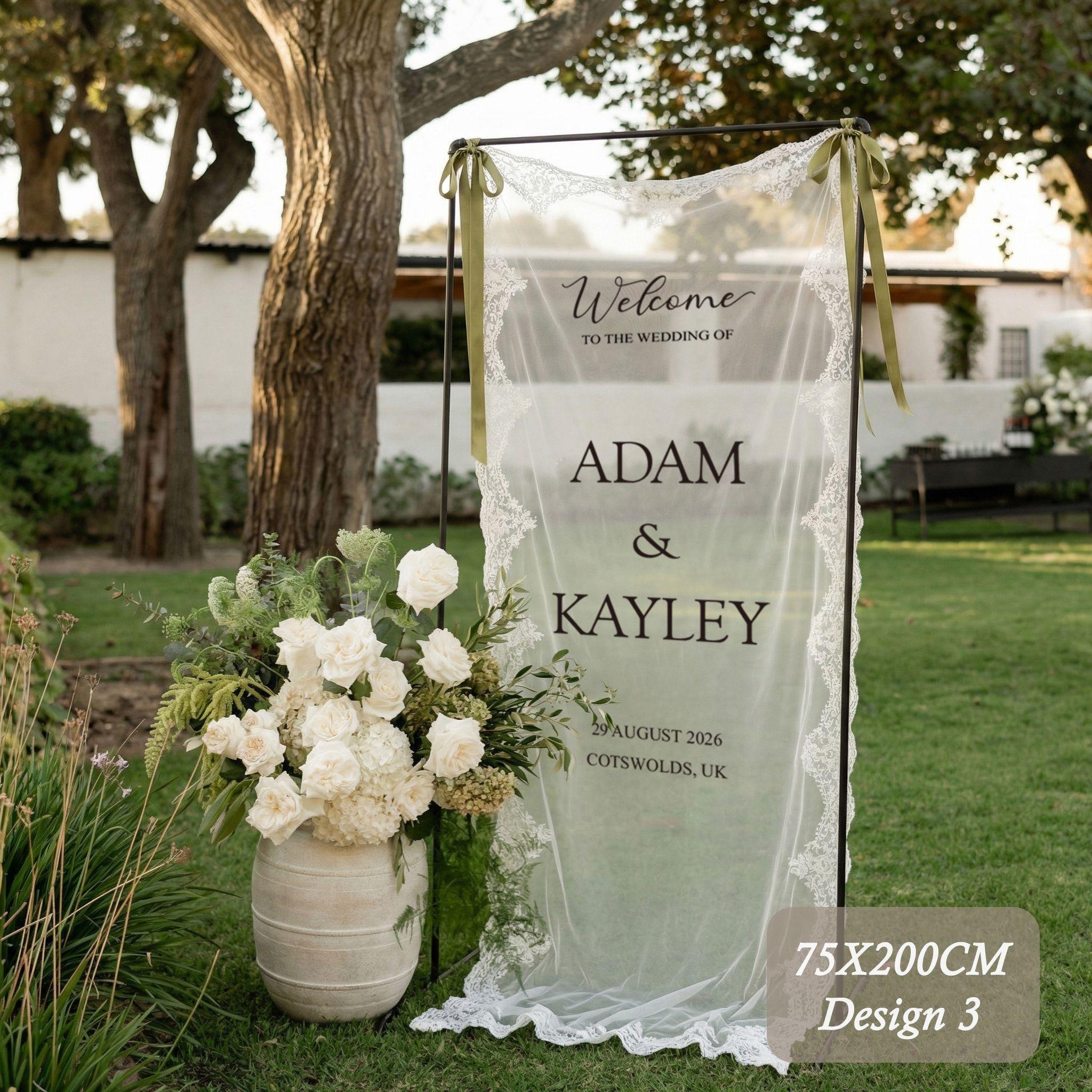 Lace Wedding Welcome Sign, Personalized Sheer Wedding Sign, Fabric Wedding Banner, Fabric Bridal Shower Sign, Wedding Boho Ceremony Decor