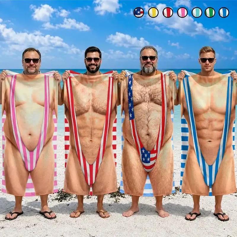 Funny Mankini Beach Towel for Men, Novelty Body Print Pool Party Gag Gift Idea