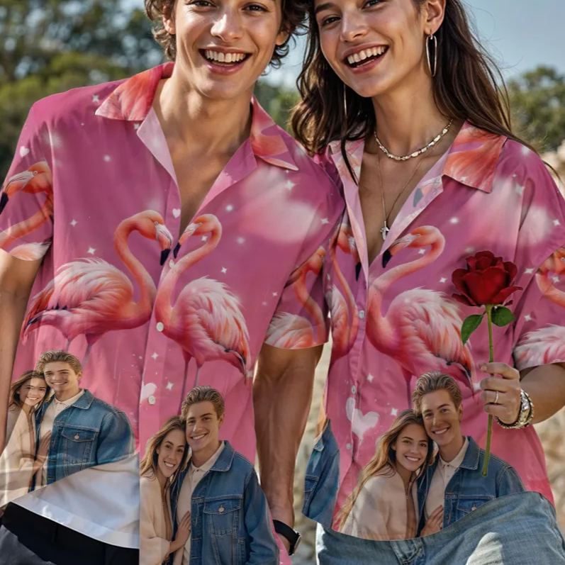 Custom  Flamingo Couple Hawaiian Tropical Style Shirt Button-down Shirt Gifts For Couple