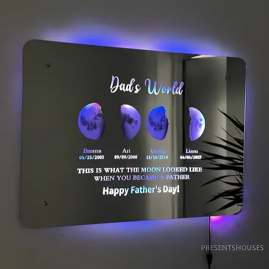 Father's Day Gift Custom Led Mirror Light Frame with Text and Date Dad's Universe