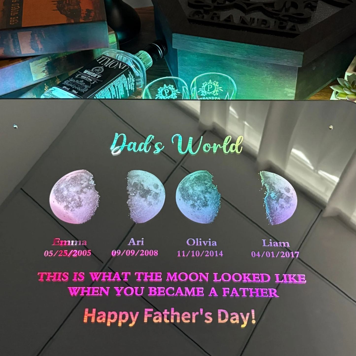 Father's Day Gift Custom Led Mirror Light Frame with Text and Date Dad's Universe