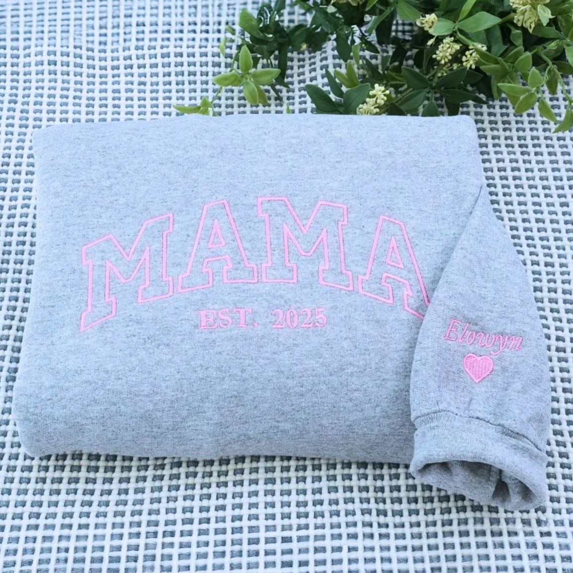 Custom Embroidered Mama Varsity Sweatshirt with EST year and Kids Names on Sleeve, Mother's Day Gift for Mom
