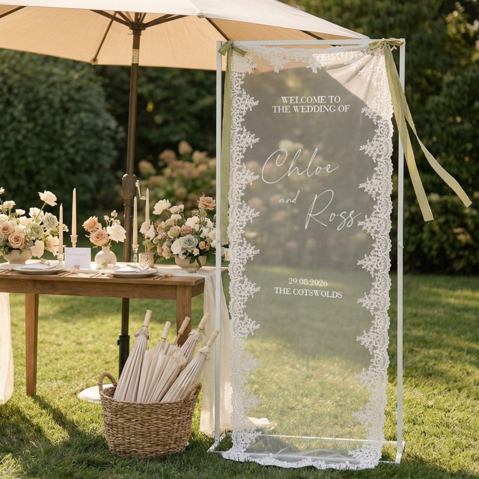 Lace Wedding Welcome Sign, Personalized Sheer Wedding Sign, Fabric Wedding Banner, Fabric Bridal Shower Sign, Wedding Boho Ceremony Decor