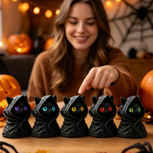 Mysterious Hooded Cat Figurine - Gothic Black Cat Statue, Fantasy Witchy Kitten Sculpture Home Decor, Perfect Gift for Cat Lovers