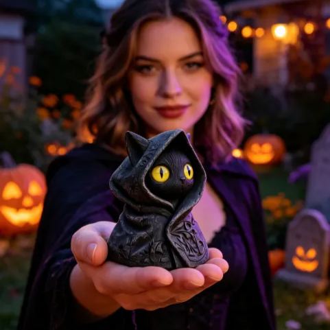 Mysterious Hooded Cat Figurine - Gothic Black Cat Statue, Fantasy Witchy Kitten Sculpture Home Decor, Perfect Gift for Cat Lovers
