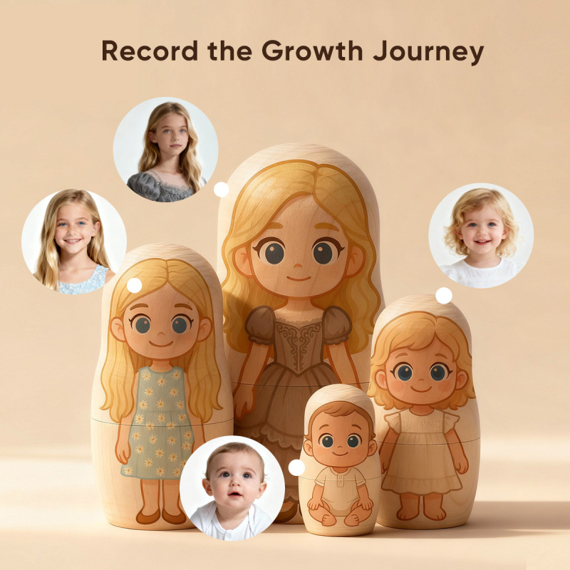 Custom Baby to Kid Growth Nesting Doll | Personalized Photo Dolls Show Your Child's Journey from Infant to School Age | Unique Family Keepsake Gift