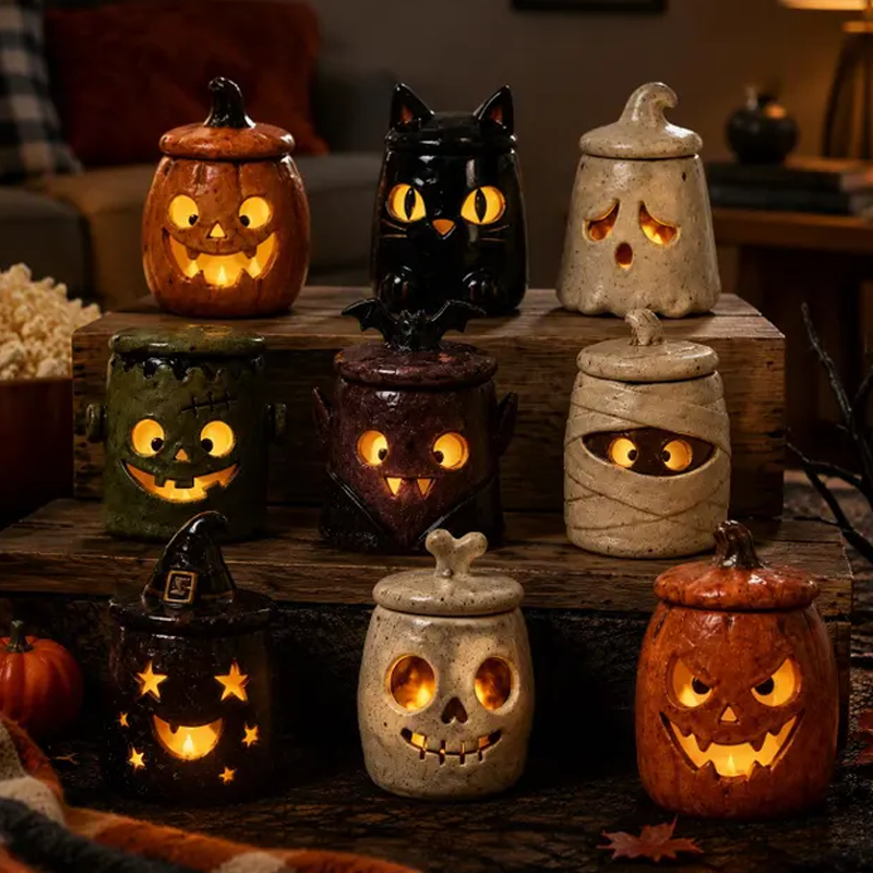 Ceramic Halloween Character Lantern, Pumpkin Ghost Candle Holder, Gothic Fall Decor, Autumn Birthday Gift