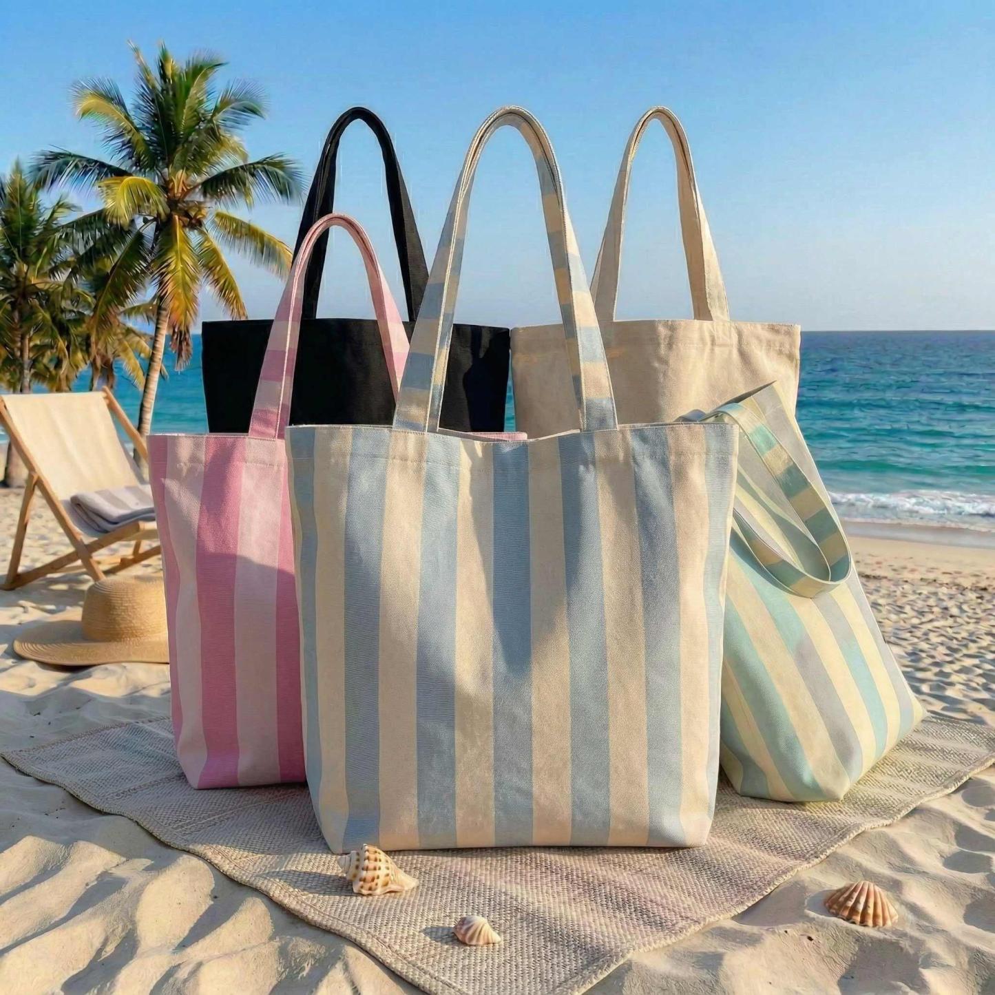 Custom State Tote Bag – Personalized State Flower Canvas Bag, Vintage Striped Beach Tote