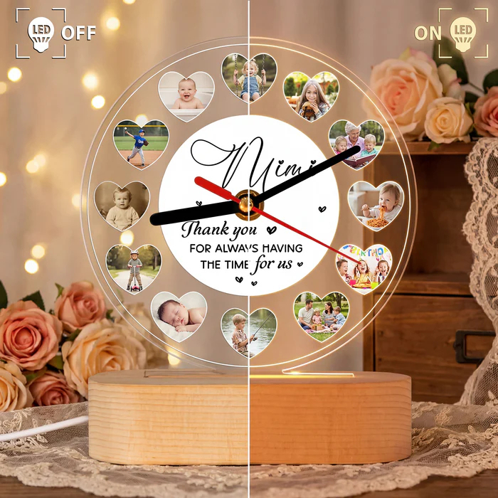Personalized Acrylic Clock Light with Grandkids` Photos - A Heartwarming Gift for Grandma