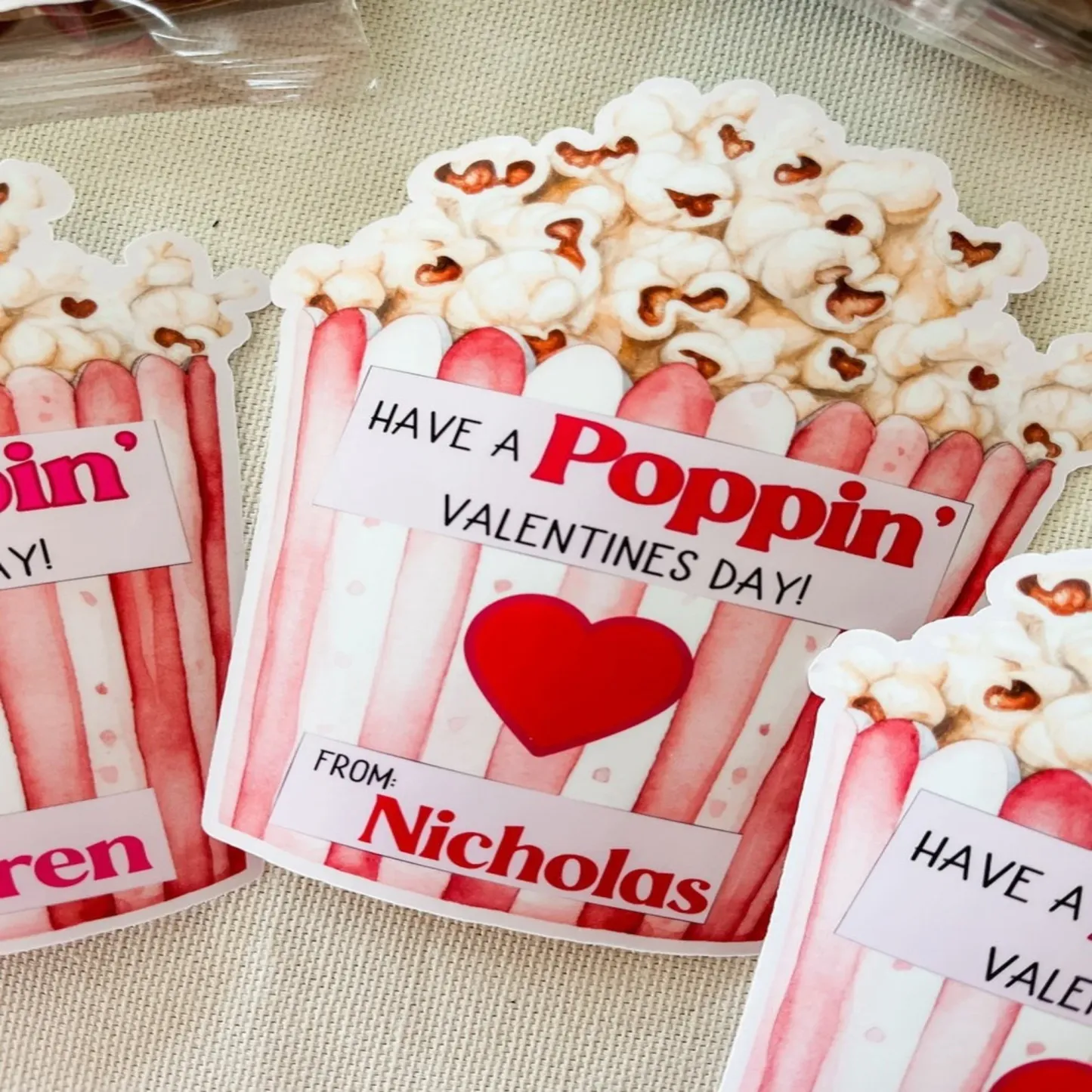 Custom Name Labels for Kids, Personalized Valentine’s Day Popcorn Stickers, Boys and Girls, Perfect Classroom Gifts