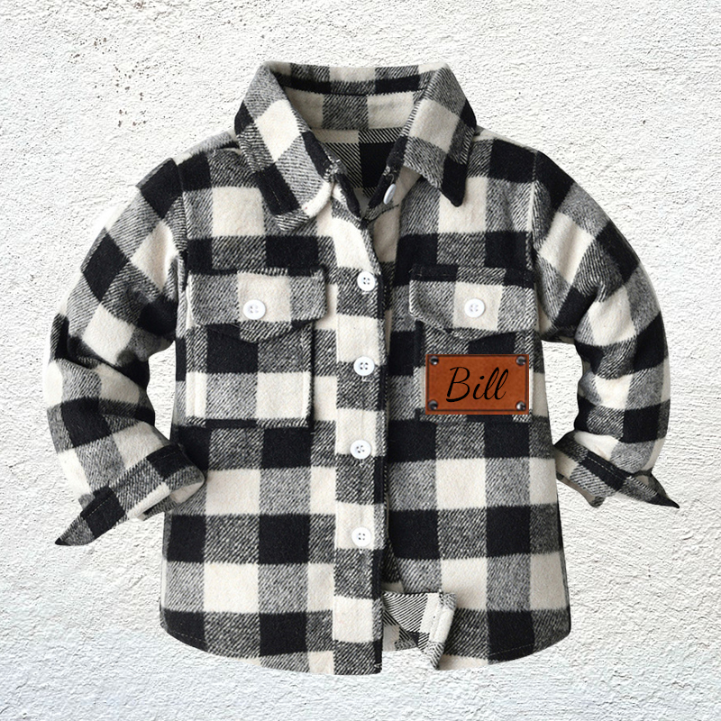 Custom Name Jacket Personalized Leather Patch Kids Flannel Jacket for Children