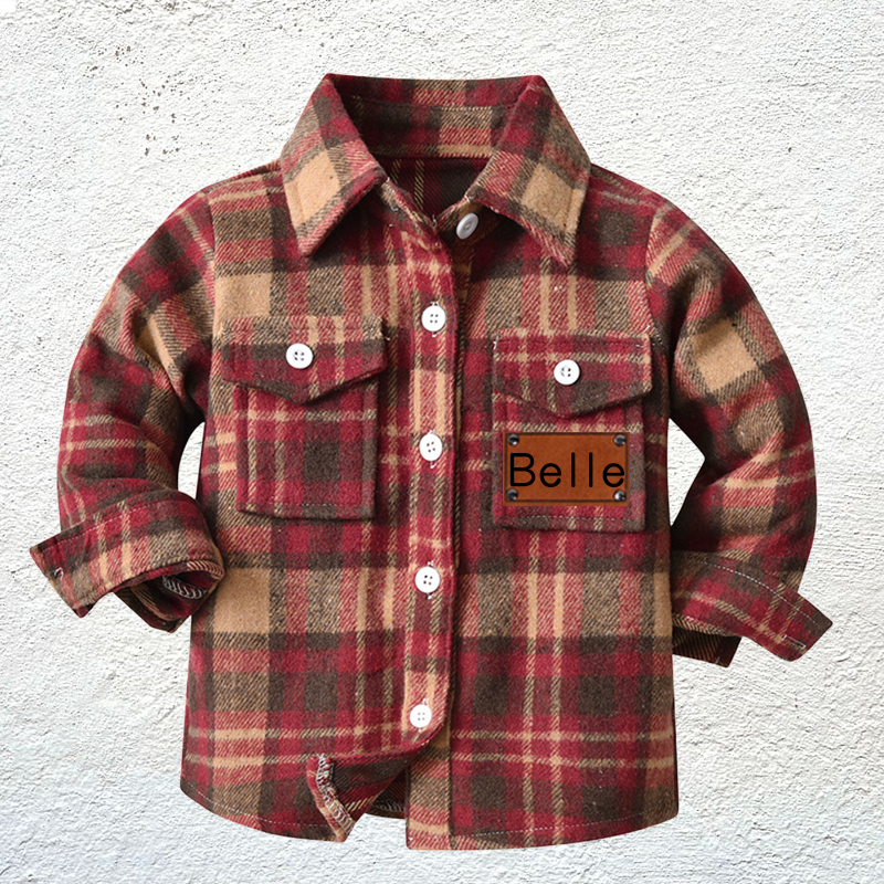 Custom Name Jacket Personalized Leather Patch Kids Flannel Jacket for Children