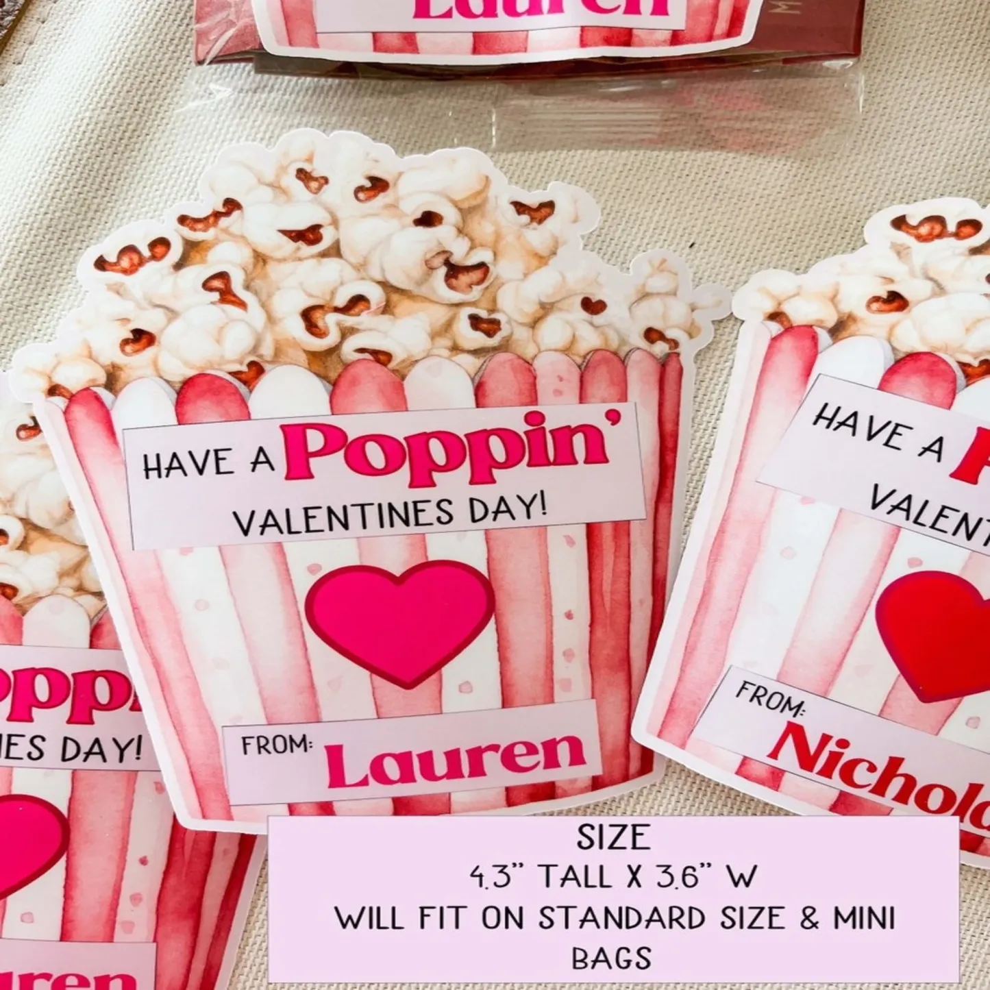 Custom Name Labels for Kids, Personalized Valentine’s Day Popcorn Stickers, Boys and Girls, Perfect Classroom Gifts