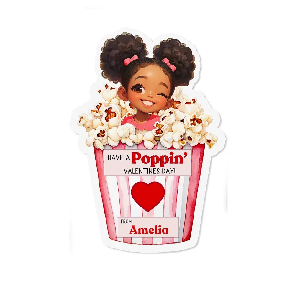Personalized Cartoon Afro Black Girl Boy Popcorn Stickers with Name, Children's School Classroom Labels, Party Favors, Valentine's Day Gift for Kids