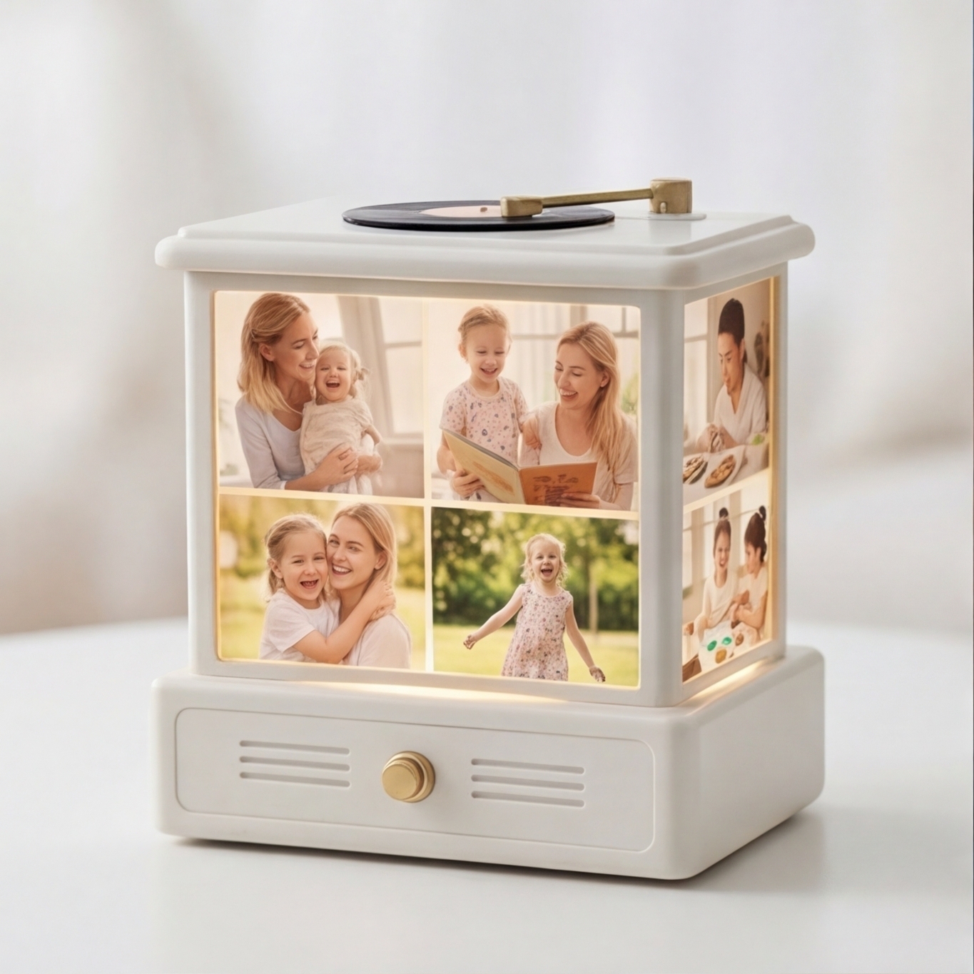 Custom Photo Night Light with Music Box, Personalized Mother's Day Gift for Mom, Vinyl Record Style LED Lamp with Multi Photo Collage