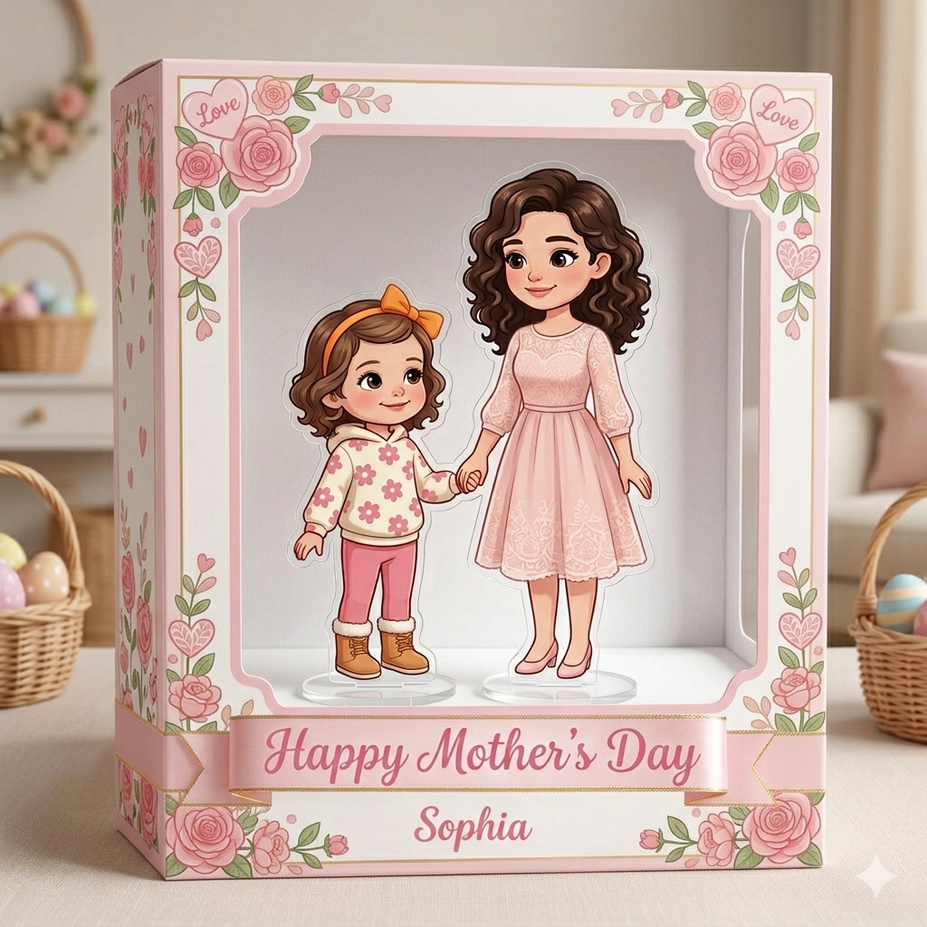Custom Photo Cartoon Style Mother and Kid Acrylic Plaque with Gift Box Gifts for Mom