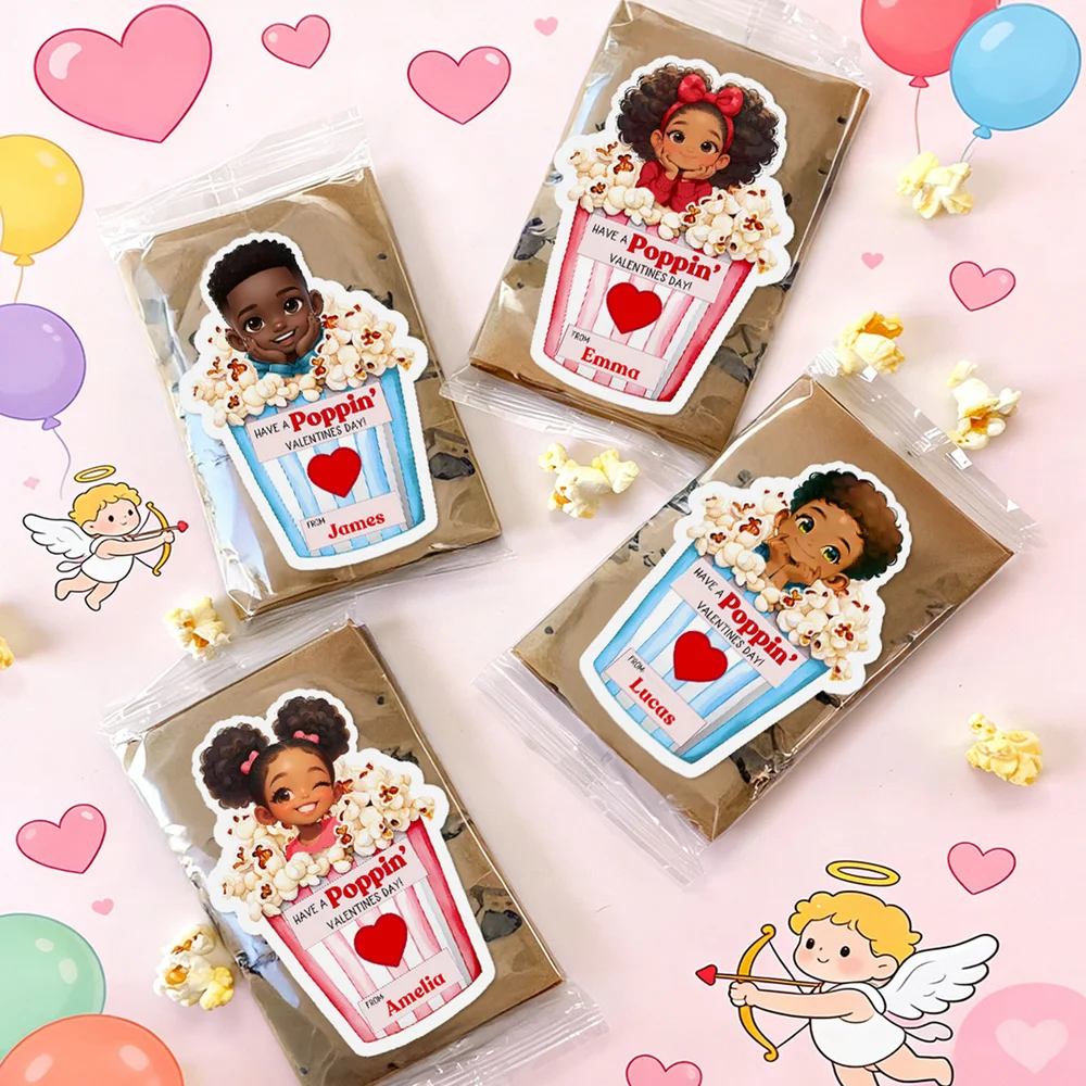 Personalized Cartoon Afro Black Girl Boy Popcorn Stickers with Name, Children's School Classroom Labels, Party Favors, Valentine's Day Gift for Kids