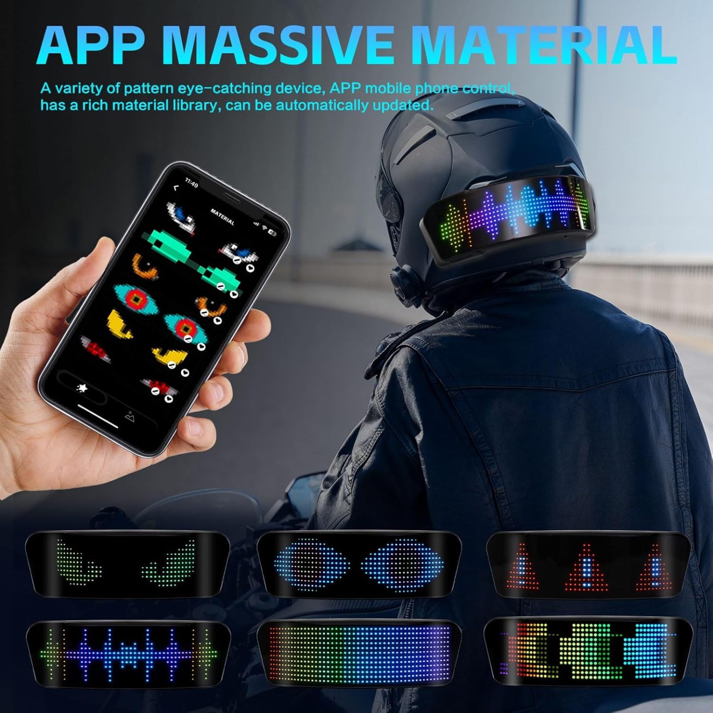 Smart Led Motorcycle Bike Cycling Helmet Display Screen Light with Turn Signals Light, Speedometer, Programmable APP, Customizable Patterns Display Helmet Light Display Screen for Night Ride, Waterproof