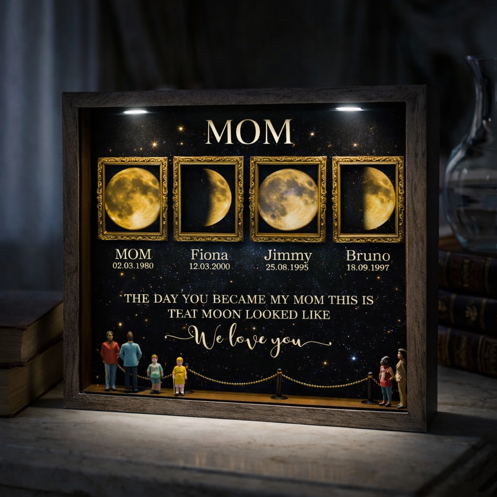 Museum of US Frame Personalized Moon Phase Shadow Box – Custom Mom Gift with Dates & Names, LED Light Frame, Mother’s Day Keepsake