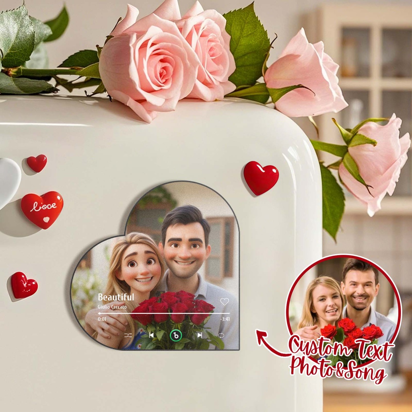 Custom Music Fridge Magnet Personalized Photo Cartoon Style Heart Fram