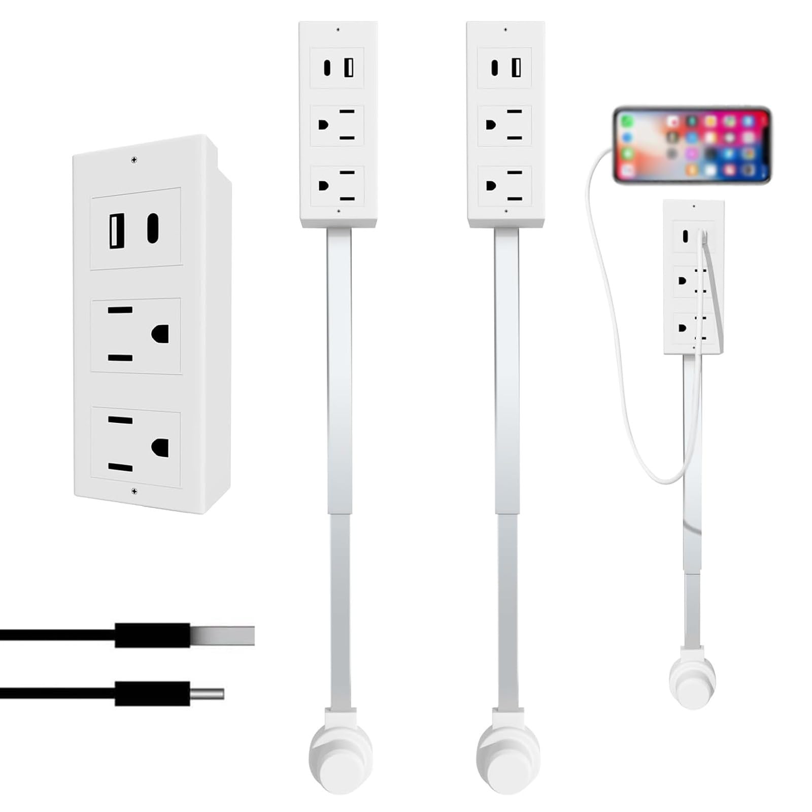 Adjustable Power Socket Electrical Outlet Extender USB-A, USB-C, Dual AC Ports, 17.7"–27.6" Retractable Cord, 180° Rotation Certified Safe for Sofa, Nightstand, or Office Desk