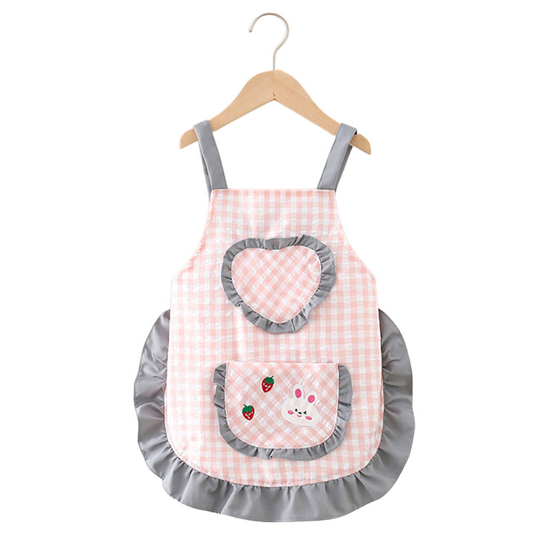 Personalized Embroidered Name Plaid Heart Bunny Apron - Cute Lace Trim Ruffle Bib for Toddlers & Kids