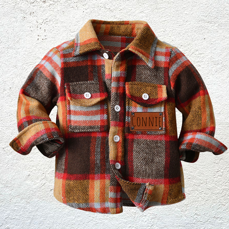 Custom Name Jacket Personalized Leather Patch Kids Flannel Jacket for Children