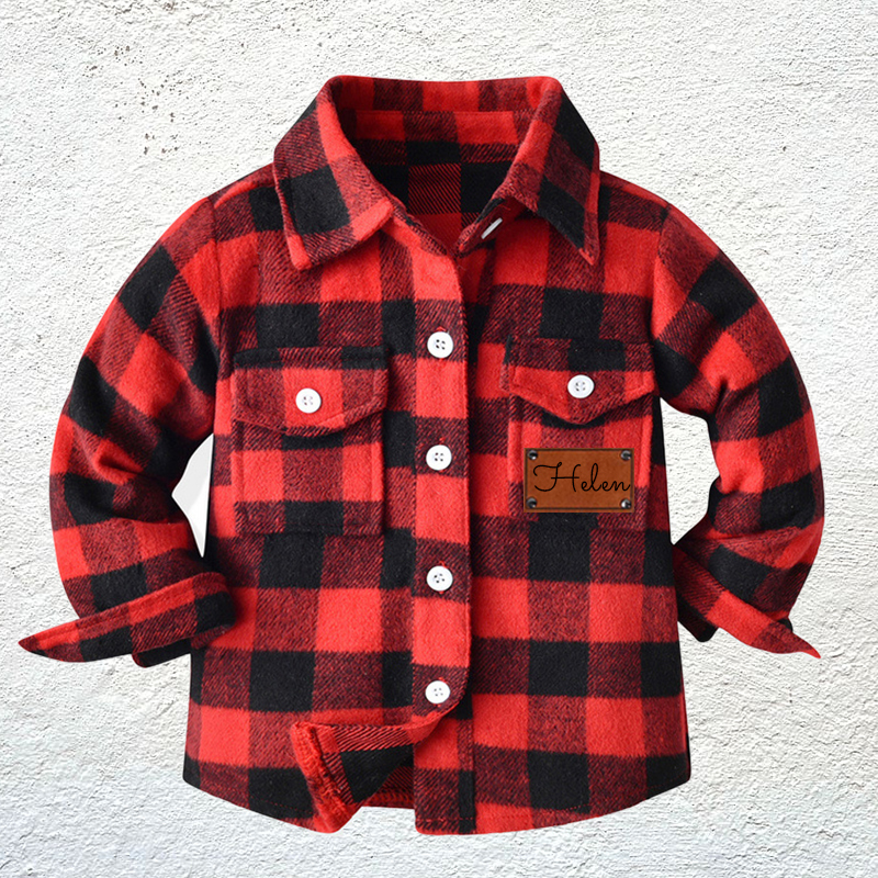 Custom Name Jacket Personalized Leather Patch Kids Flannel Jacket for Children